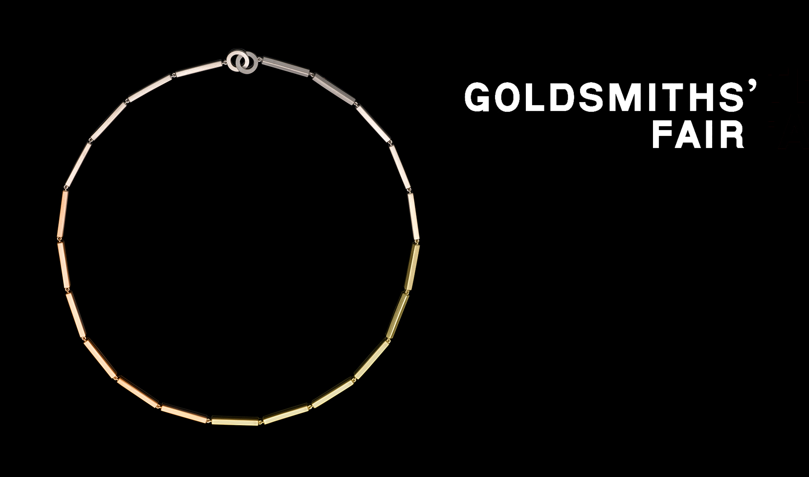 Gold bar chain neckalce in a gradient of yellow to white gold on a black background with the Goldsmiths Fair logo